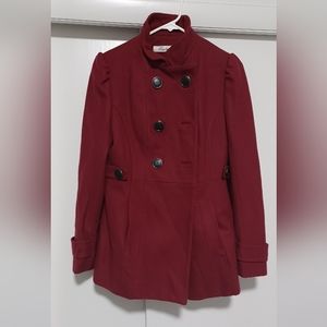 Kenneth Cole New York Pea Coat in Deep Red with Black Buttons